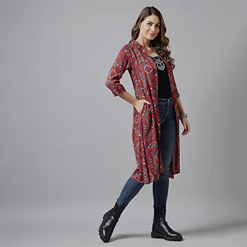 Azira Rayon Red Printed Open Shrug for Women and Girl