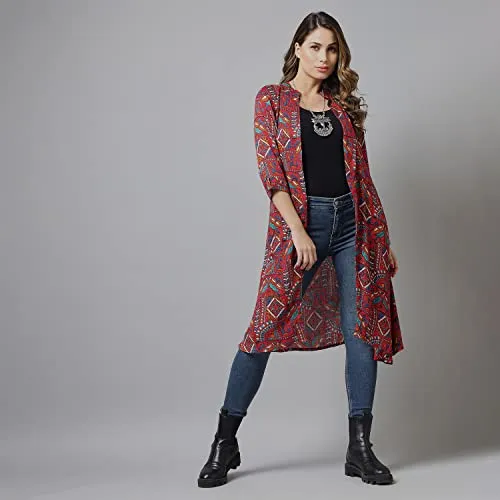 Azira Rayon Red Printed Open Shrug for Women and Girl
