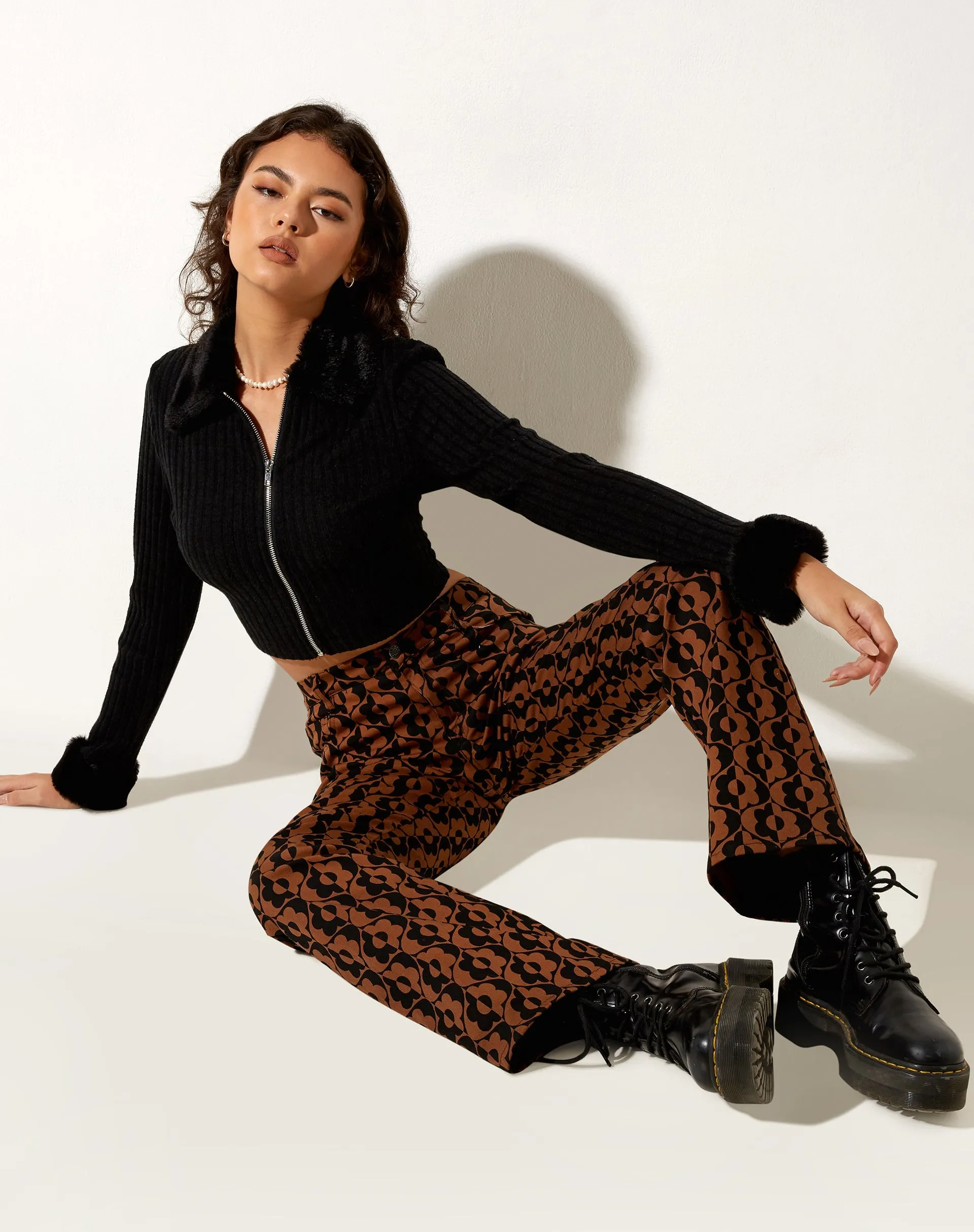 Jopan Flare Trouser in Wavy Flower Brown