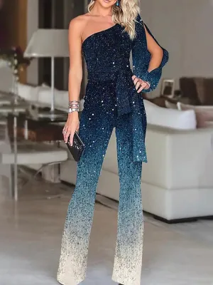 Jumpsuits Ombre One-Shoulder Long-Sleeve Jumpsuit for Women