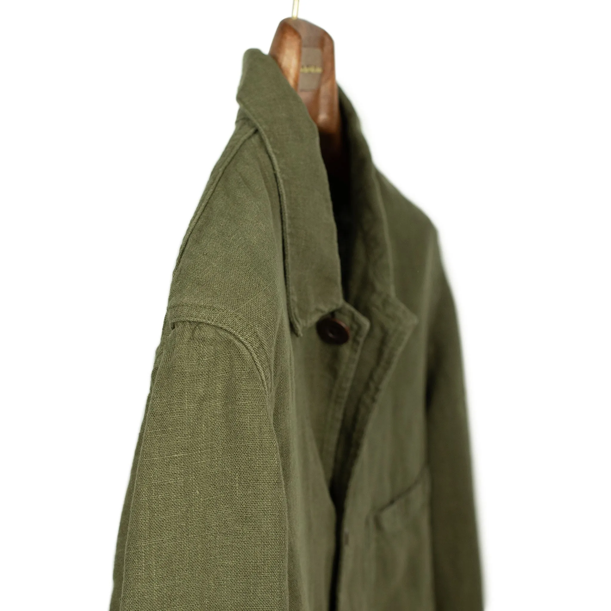 Labura unlined chore jacket in olive green washed linen (restock)