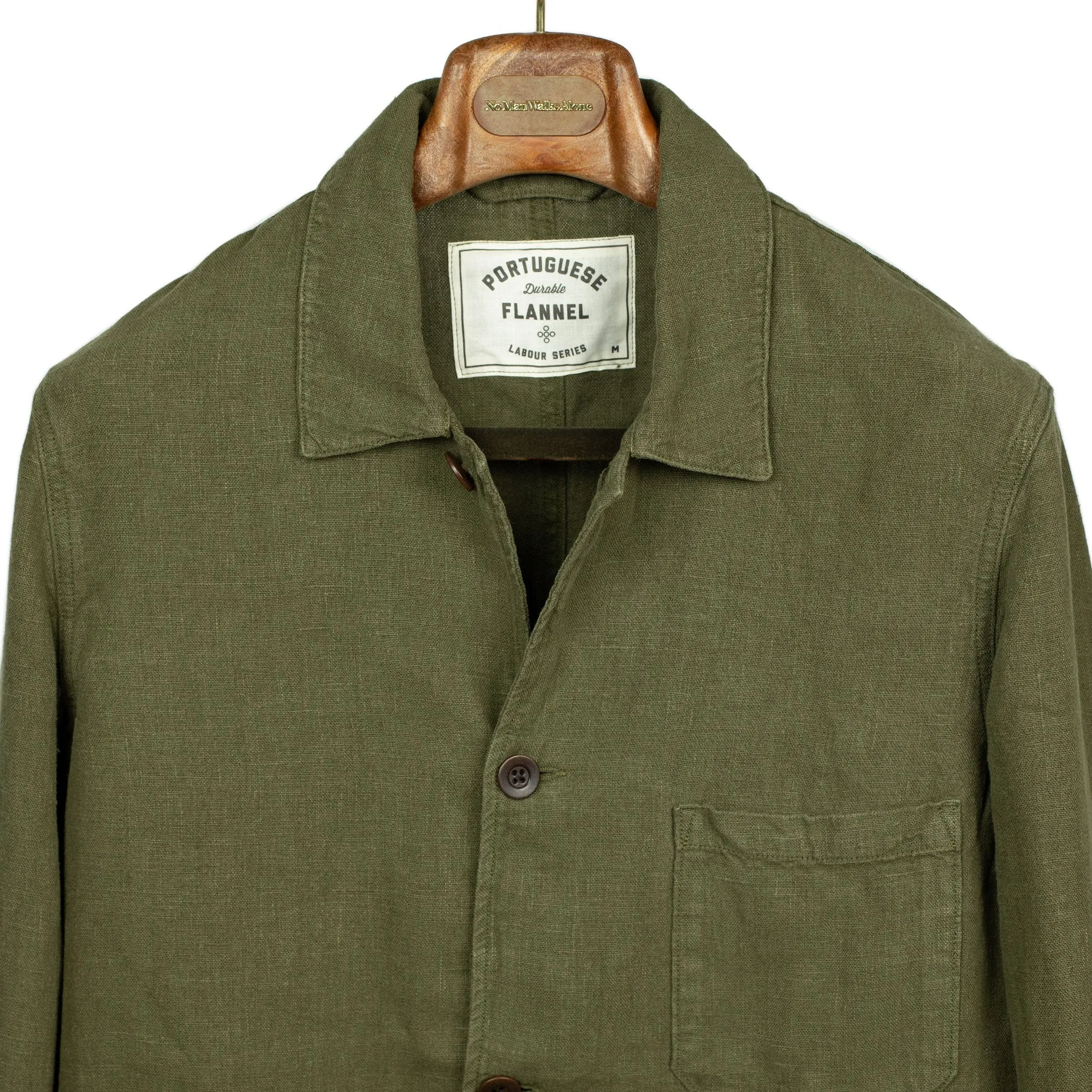Labura unlined chore jacket in olive green washed linen (restock)