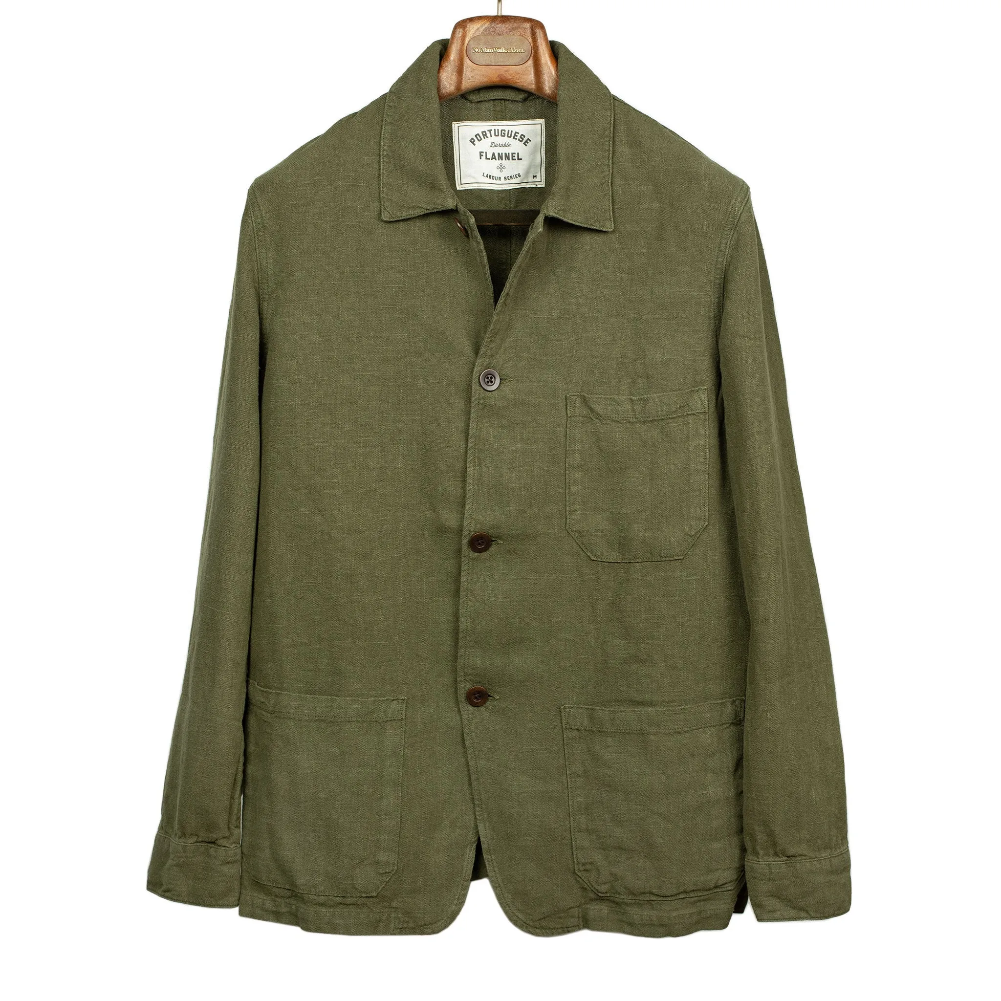 Labura unlined chore jacket in olive green washed linen (restock)