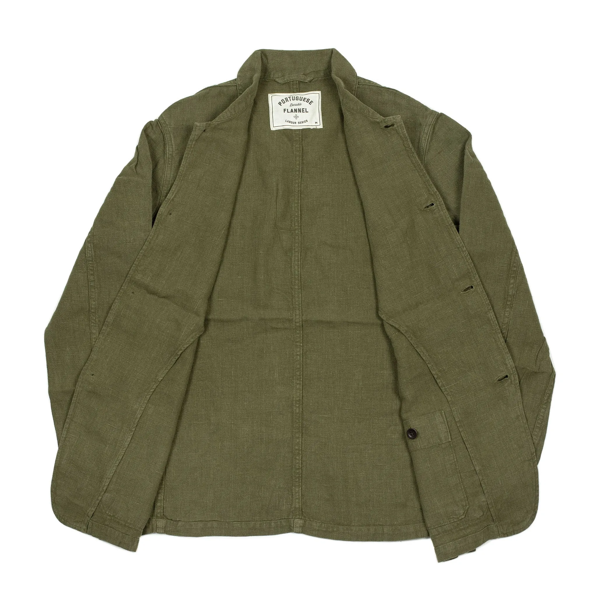 Labura unlined chore jacket in olive green washed linen (restock)
