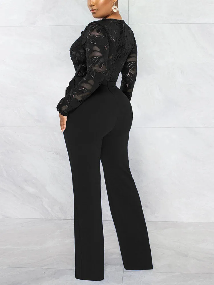 Lace V Graceful Neck Belt Jumpsuits