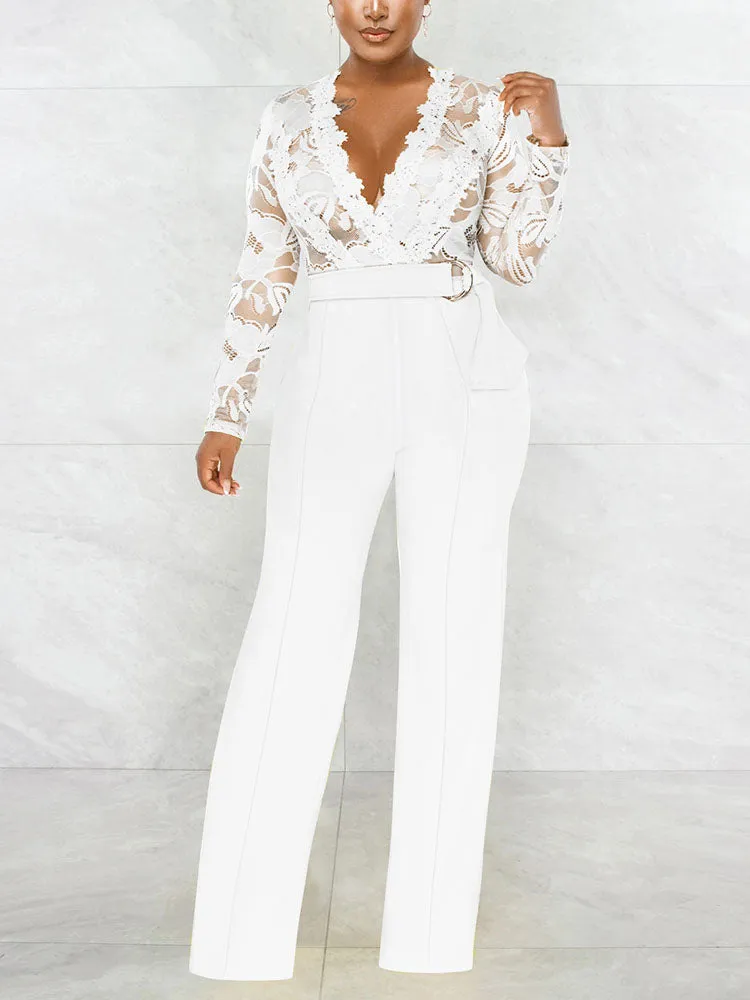 Lace V Graceful Neck Belt Jumpsuits