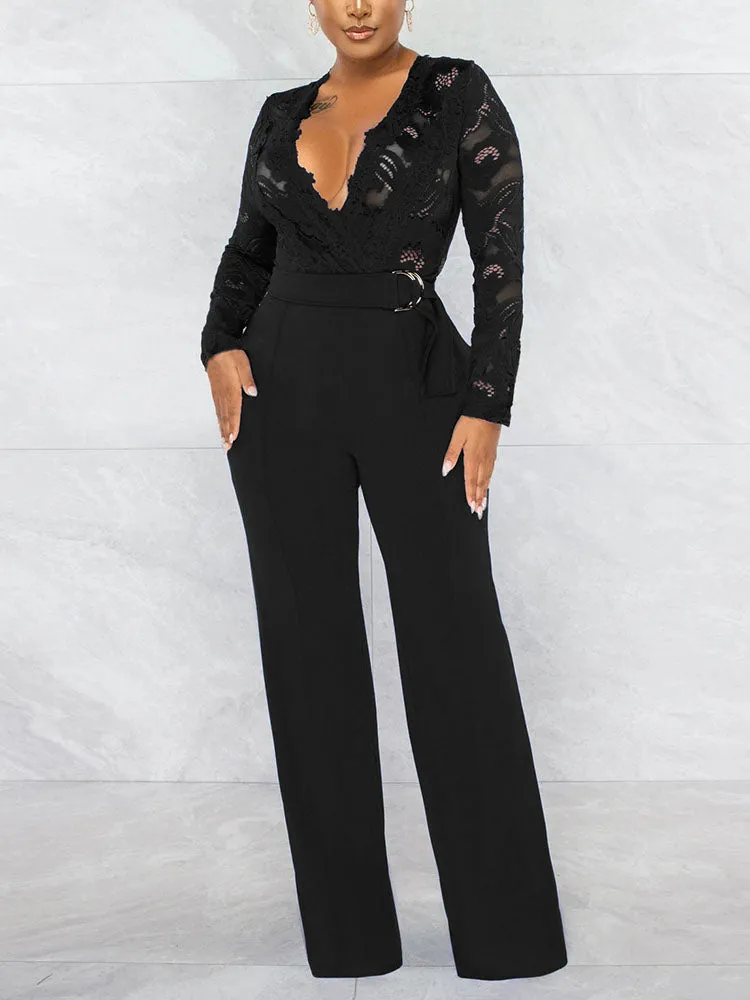 Lace V Graceful Neck Belt Jumpsuits