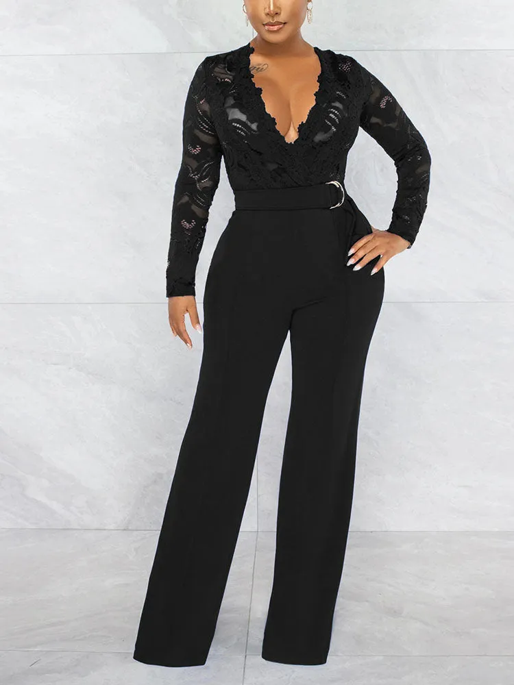 Lace V Graceful Neck Belt Jumpsuits