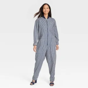 New - Houston White Adult Long Sleeve Denim Flight Suit - Blue Striped XXL