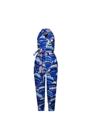 Tuki Keyhole Jumpsuit - Blue Feathers African Ankara Wax Cotton Print