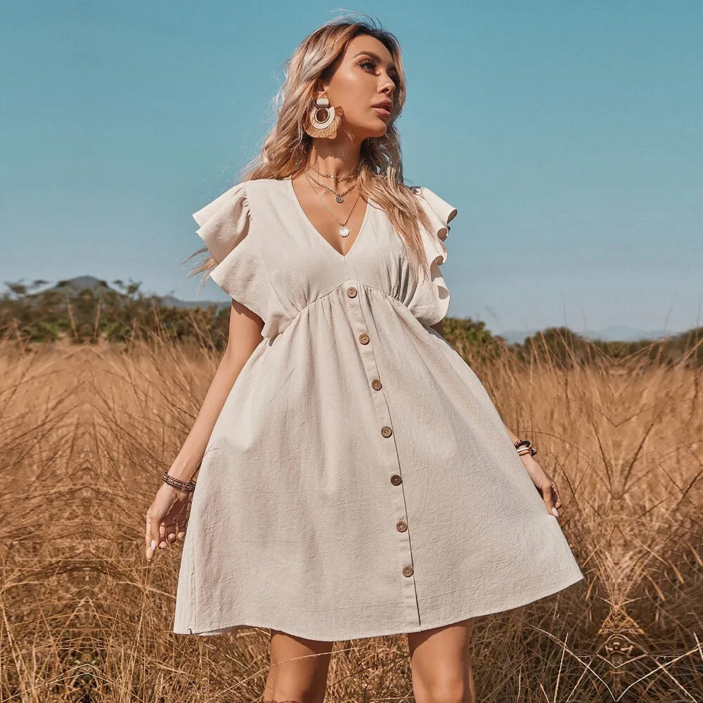 Vestido Curto Mangas Curtas Babados Botões