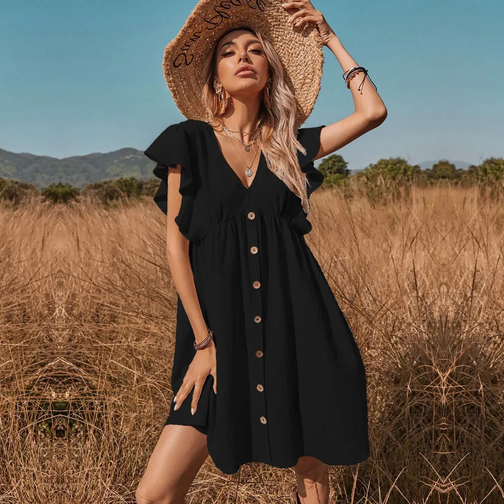 Vestido Curto Mangas Curtas Babados Botões