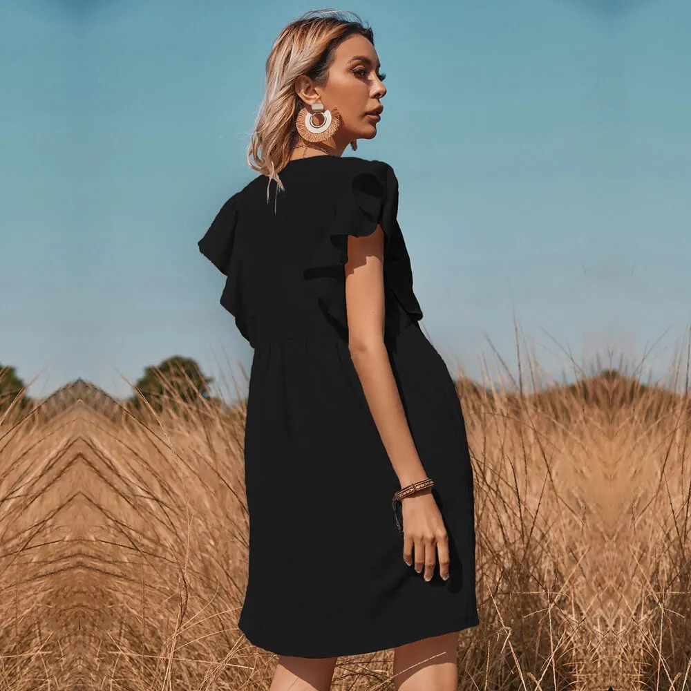 Vestido Curto Mangas Curtas Babados Botões