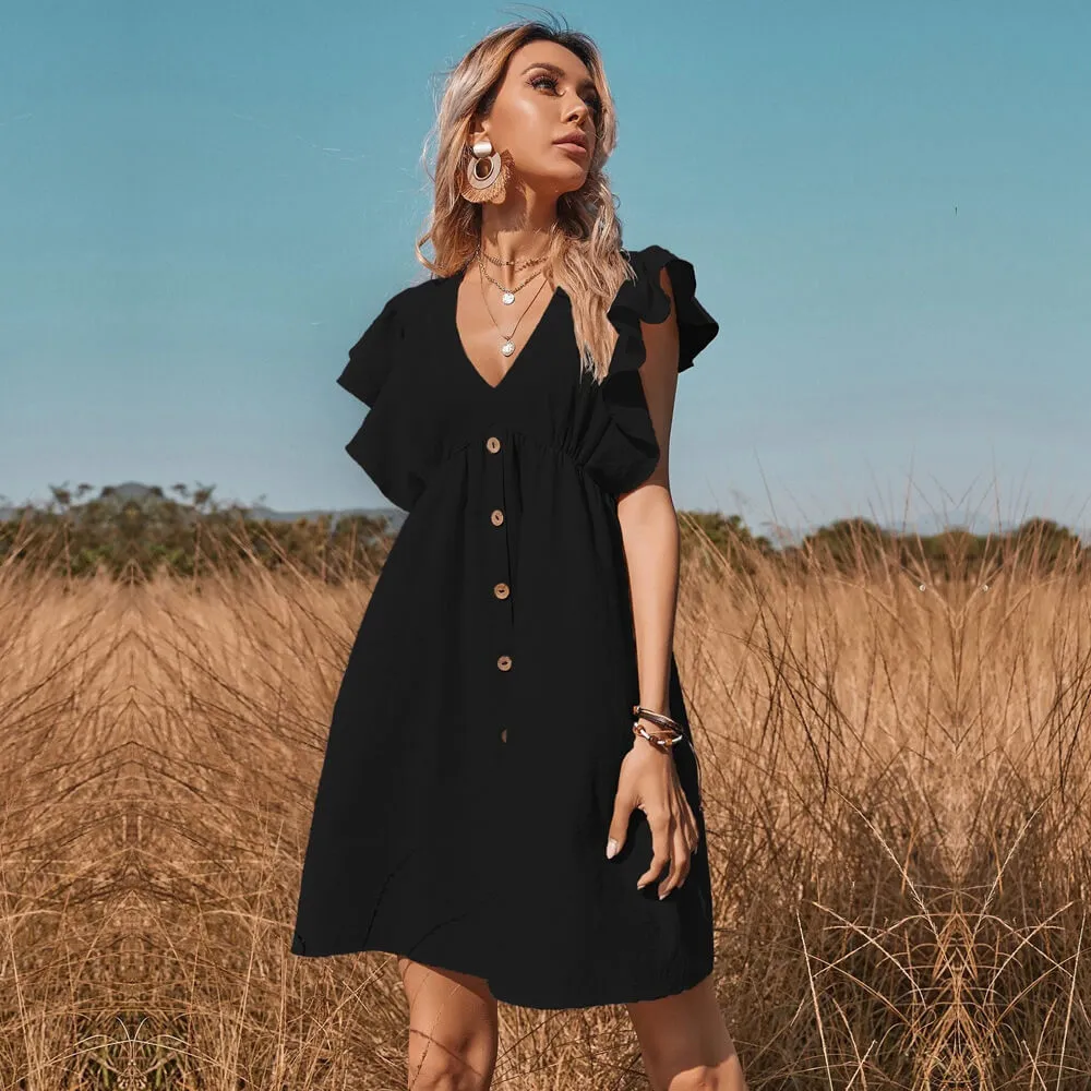 Vestido Curto Mangas Curtas Babados Botões