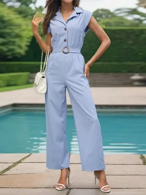 Women’s Lapel Commuting Style Solid Color Straight Jumpsuit