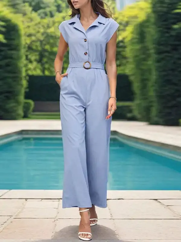 Women’s Lapel Commuting Style Solid Color Straight Jumpsuit