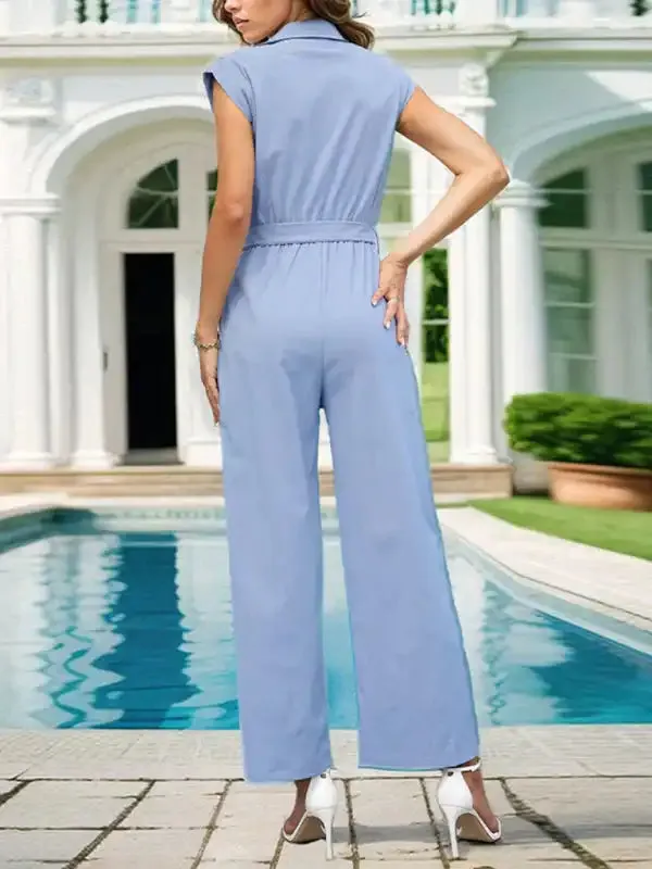 Women’s Lapel Commuting Style Solid Color Straight Jumpsuit