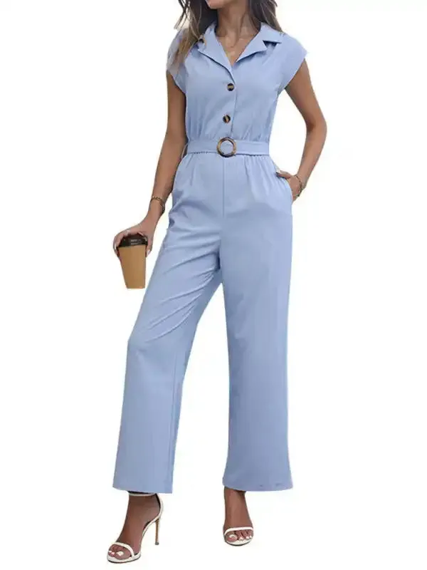 Women’s Lapel Commuting Style Solid Color Straight Jumpsuit