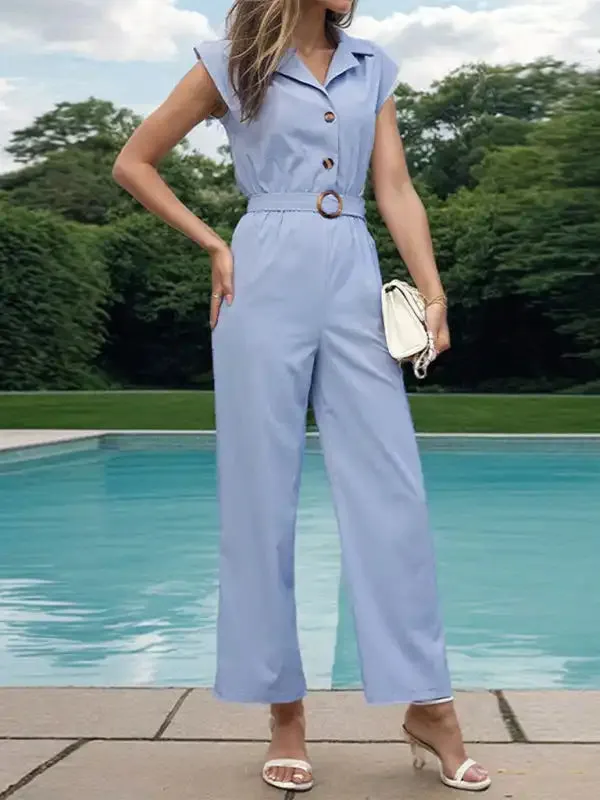Women’s Lapel Commuting Style Solid Color Straight Jumpsuit